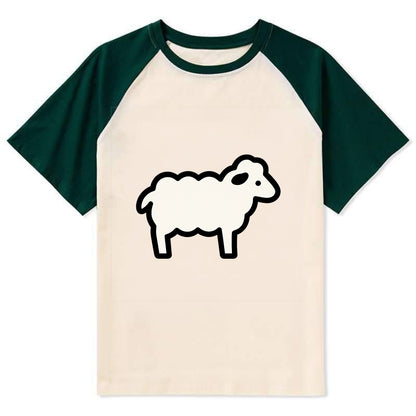 Sheep - White fluffy wool flat side profile - Contrast Raglan T-shirt - Green