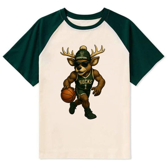 Milwaukee Buck Deer wearing Bucks green and cream beanie with antlers and - Contrast Raglan T-shirt - Green