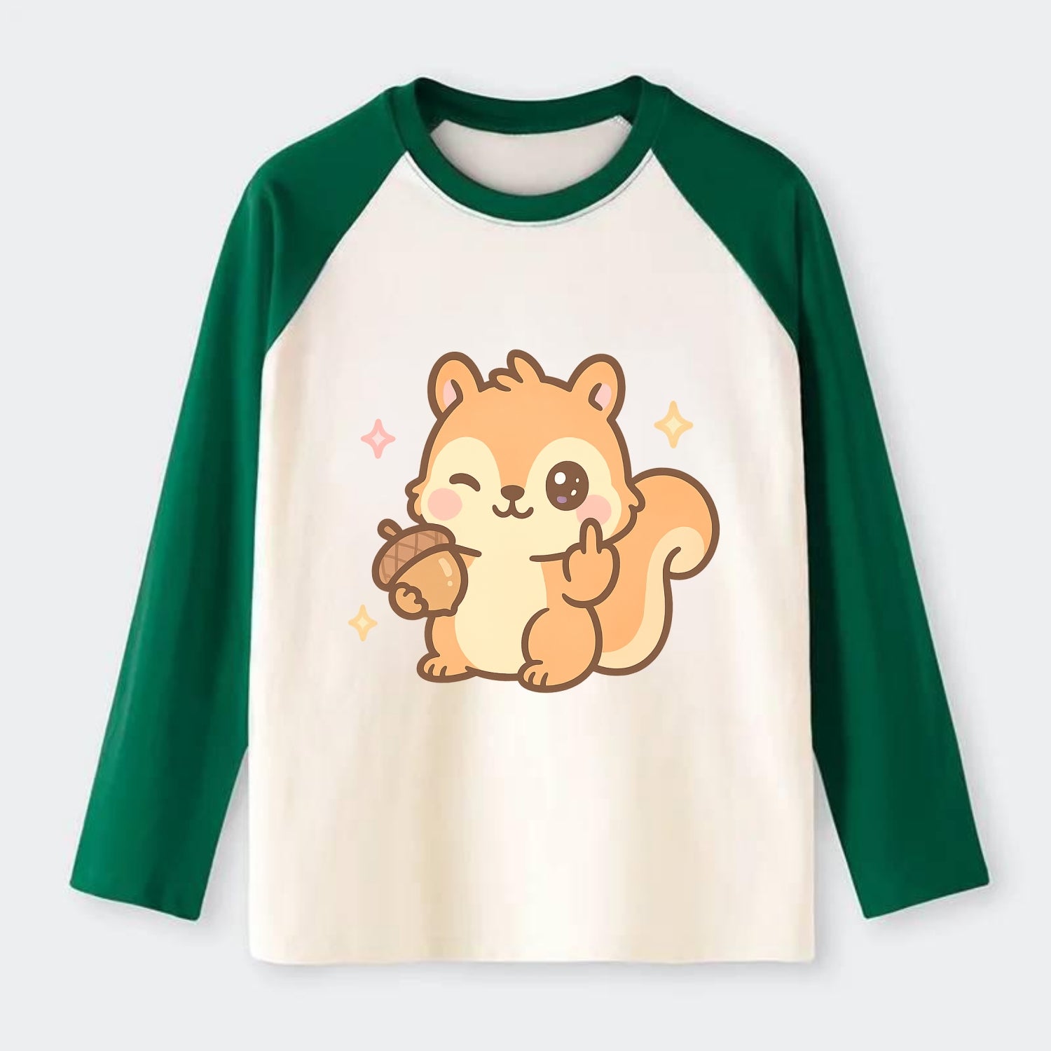 sweet squirrel holding acorn in one paw, flipping off with the other - Raglan Long Sleeve T-Shirt - Green