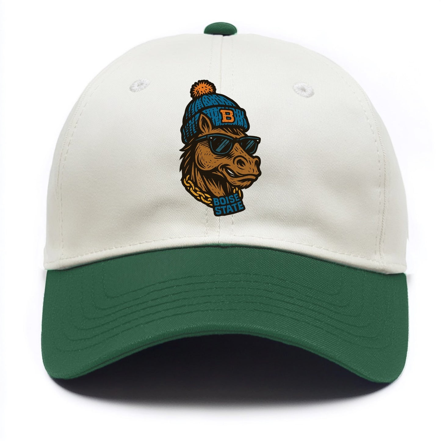 Boise Bronco wearing Boise State beanie with B patch - Two Tone Cap - Green