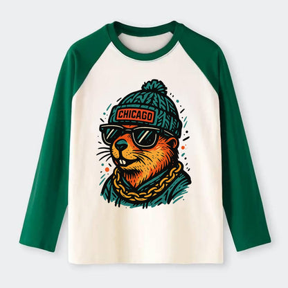 Illinois Prairie Dog wearing Chicago beanie with pom pom and wayfarer - Raglan Long Sleeve T-Shirt - Green