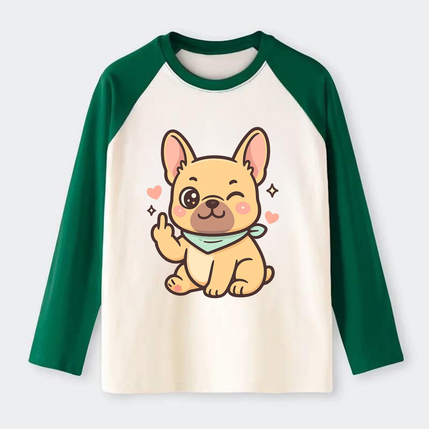 French Bulldog sitting with bat ears up, strong paw with sass - Raglan Long Sleeve T-Shirt - Green