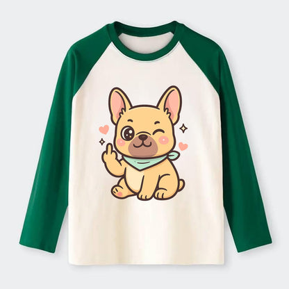 French Bulldog sitting with bat ears up, strong paw with sass - Raglan Long Sleeve T-Shirt - Green