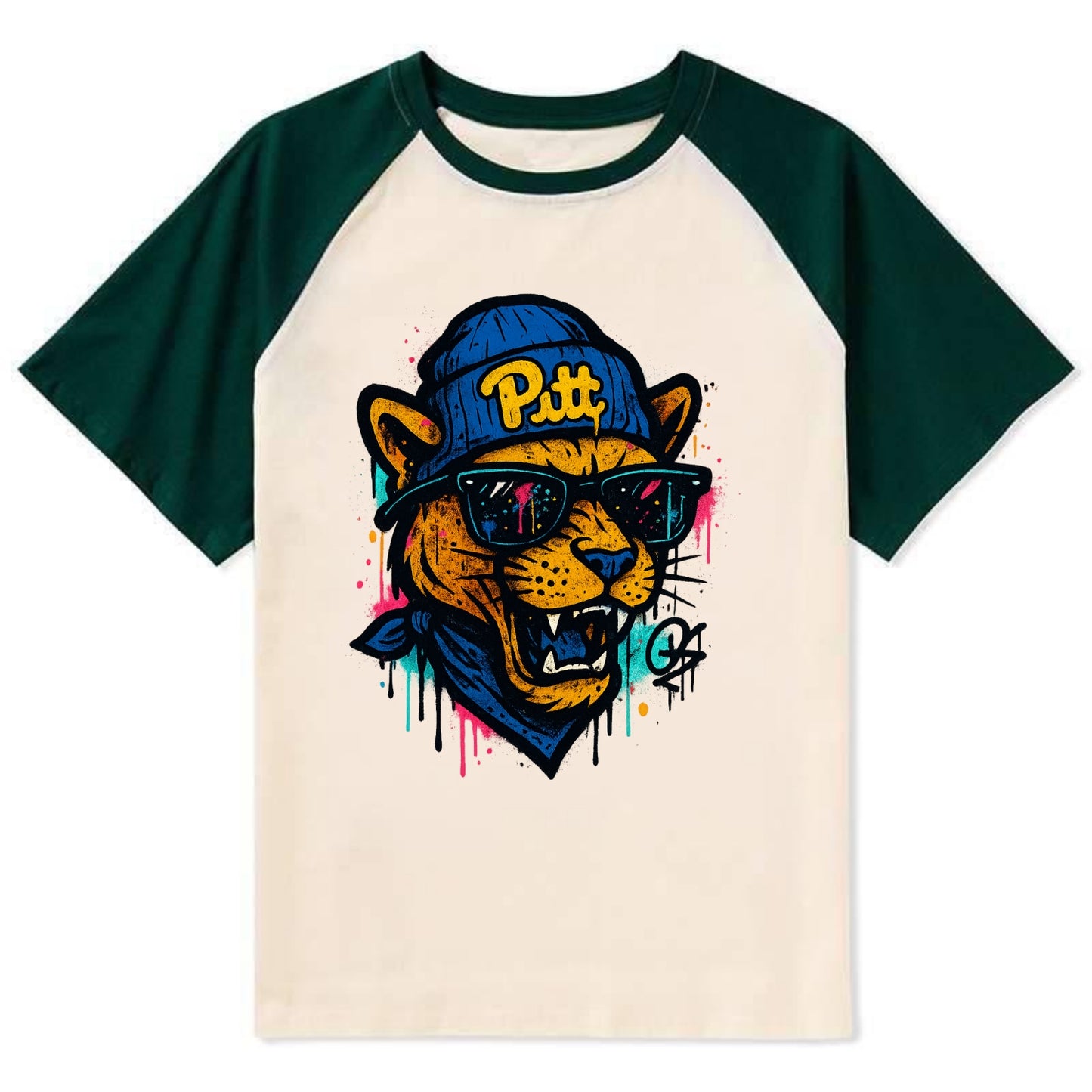 Pittsburgh Panther wearing Pitt beanie with script patch - Contrast Raglan T-shirt - Green