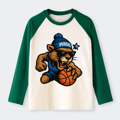 Florida Panther wearing Magic beanie with star wand patch and wayfarer - Raglan Long Sleeve T-Shirt - Green