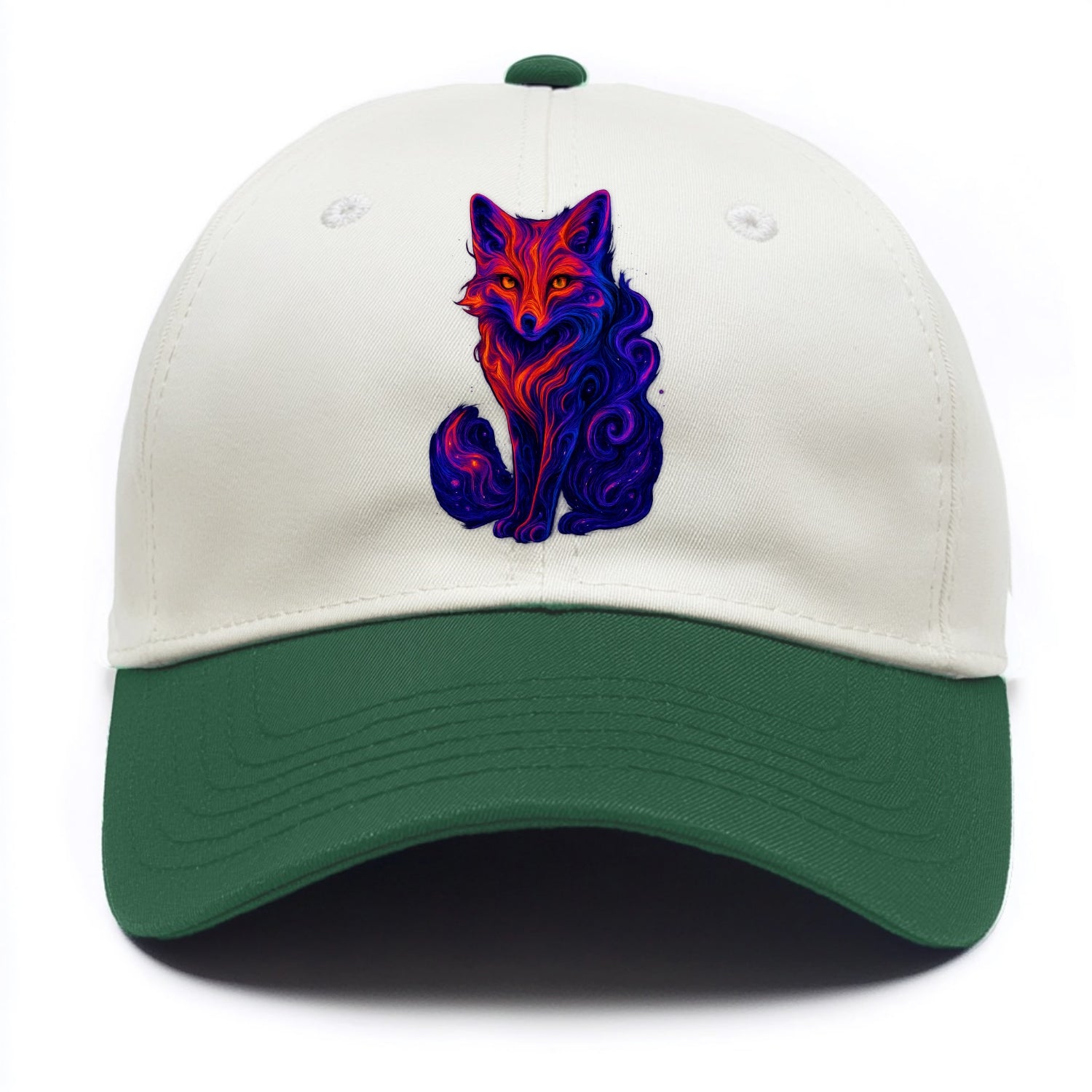 Clever fox with tail dissolving into cosmic nebula swirls, orange to purple gradient - Two Tone Cap - Green