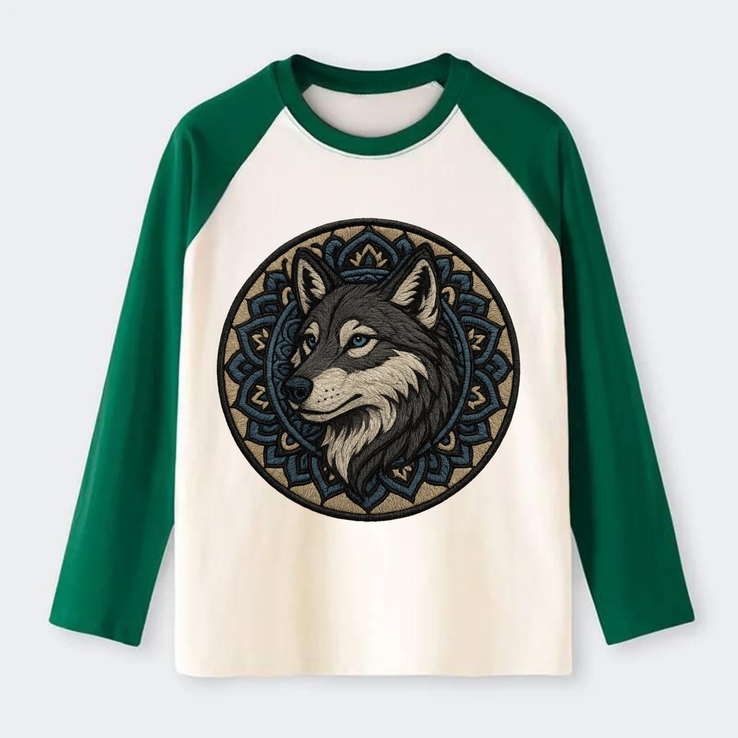 Mandala Wolf Pattern  - Raglan Long Sleeve T-Shirt - Green