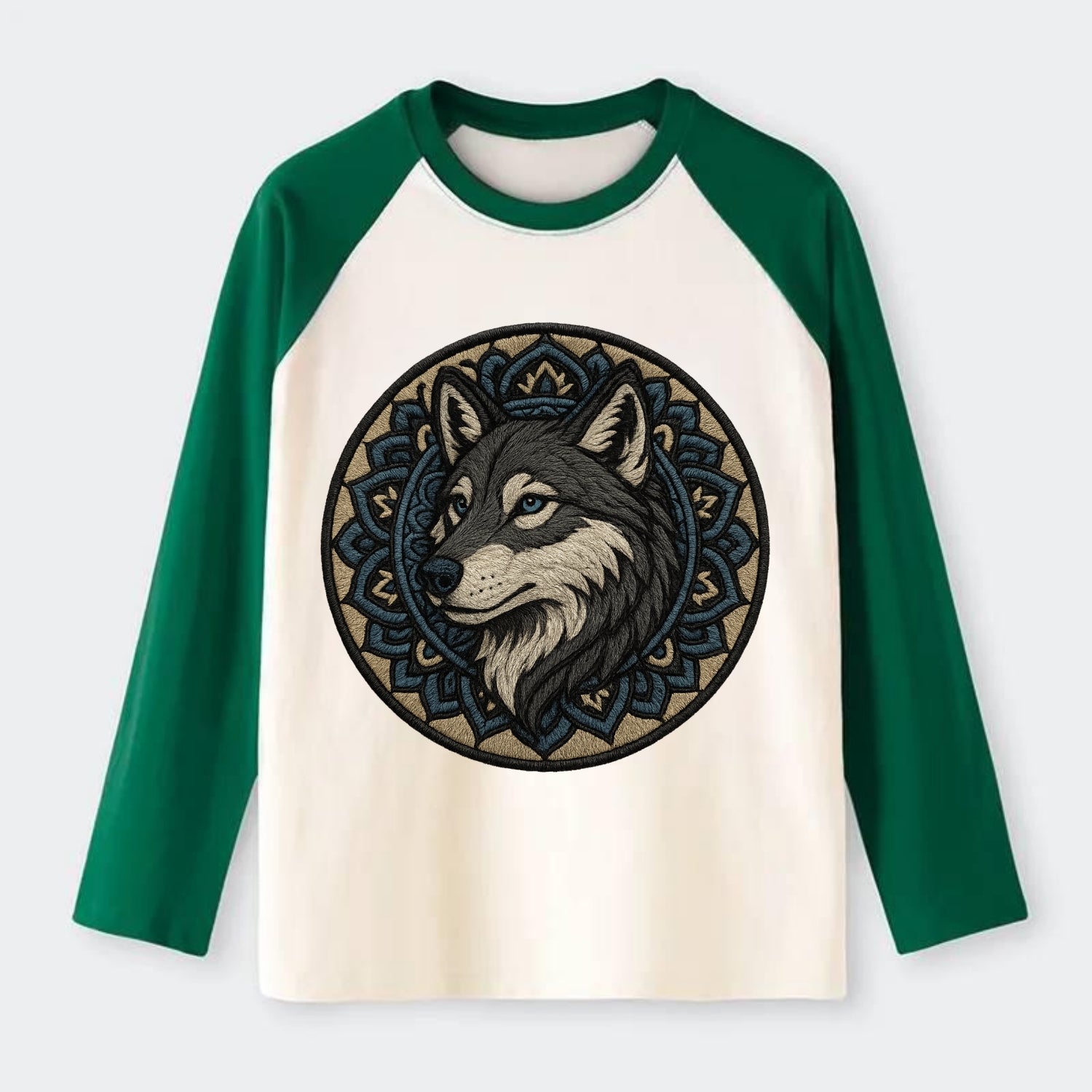 Mandala Wolf Pattern  - Raglan Long Sleeve T-Shirt - Green