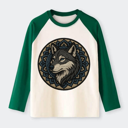Mandala Wolf Pattern  - Raglan Long Sleeve T-Shirt - Green