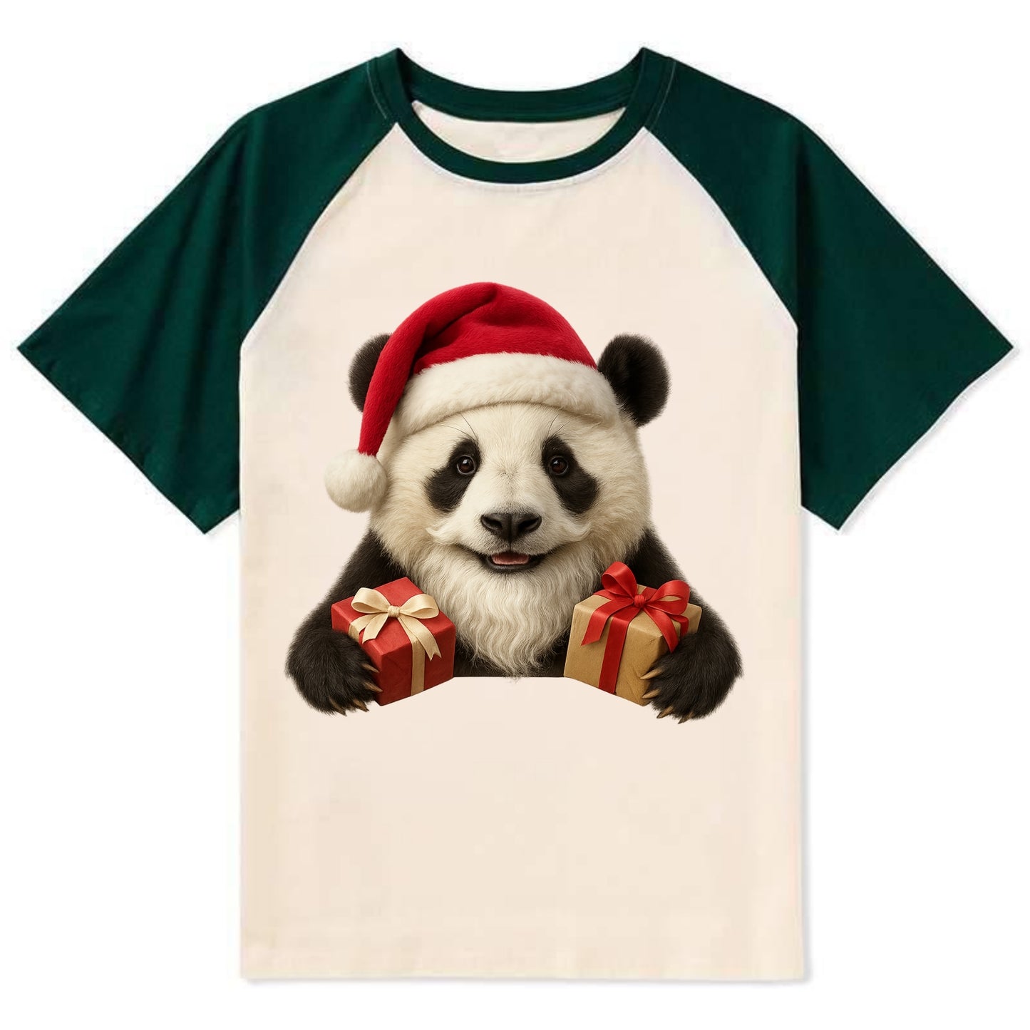 Santa Panda  - Contrast Raglan T-shirt - Green