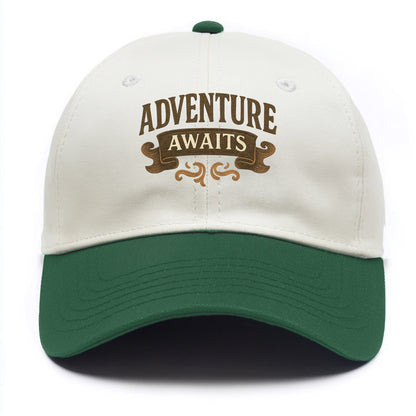 Bold typography design - "ADVENTURE AWAITS" - excitement ahead, ready for anything - Two Tone Cap - Green
