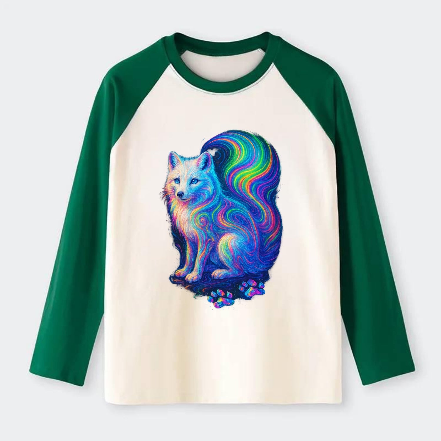 Graceful arctic fox with tail streaming aurora colors, white fur with - Raglan Long Sleeve T-Shirt - Green