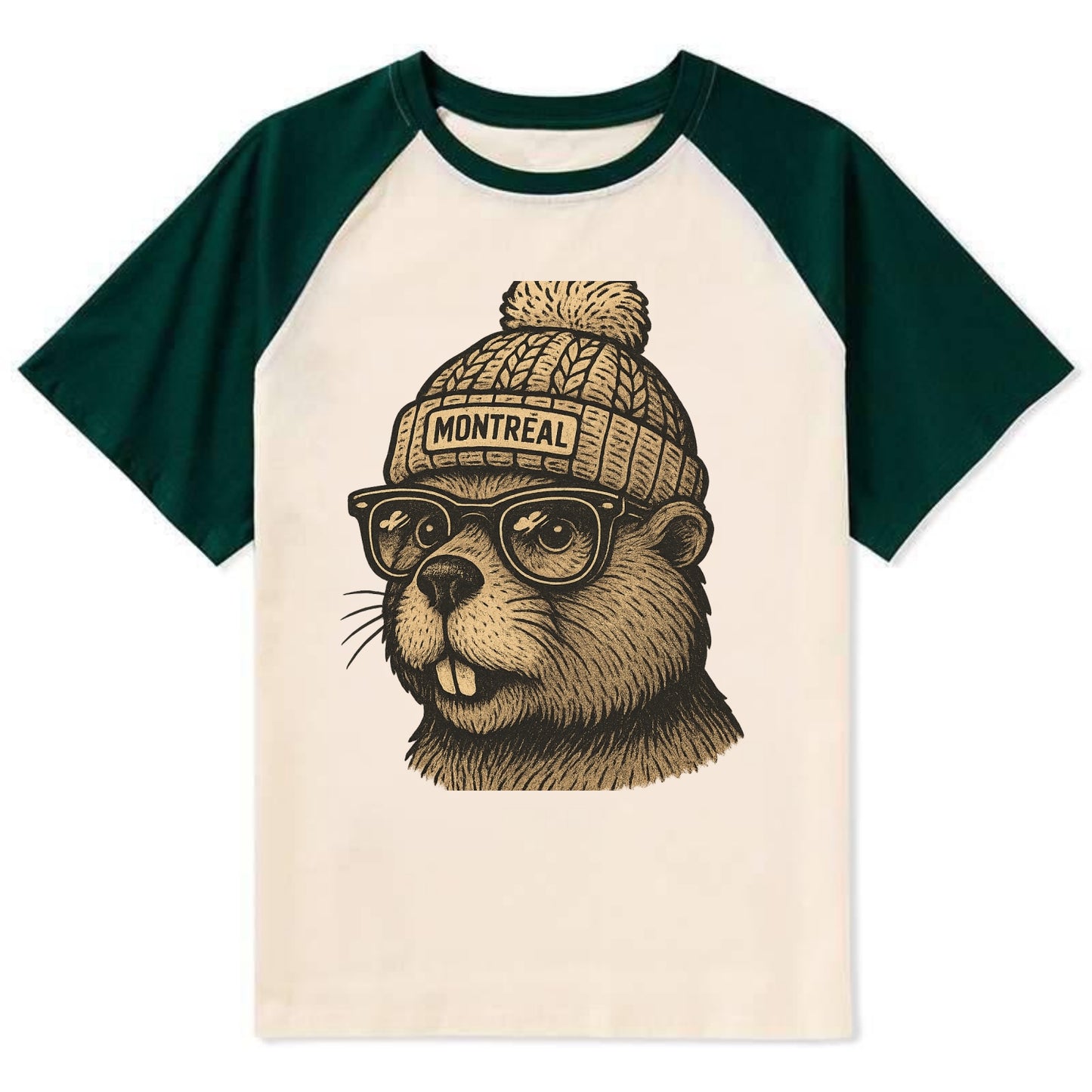 Montreal Beaver wearing Montreal beanie with pom pom and wayfarer - Contrast Raglan T-shirt - Green