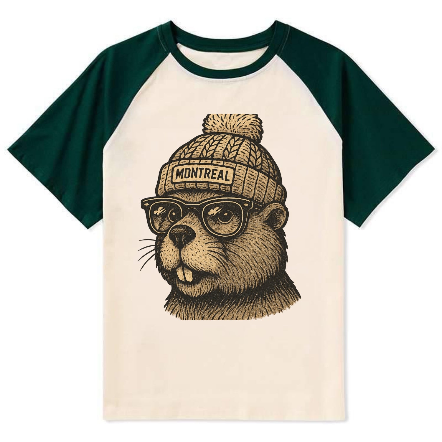 Montreal Beaver wearing Montreal beanie with pom pom and wayfarer - Contrast Raglan T-shirt - Green