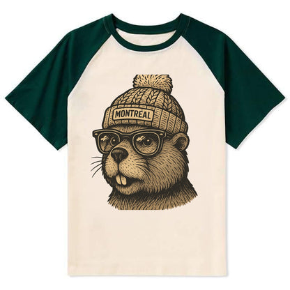 Montreal Beaver wearing Montreal beanie with pom pom and wayfarer - Contrast Raglan T-shirt - Green