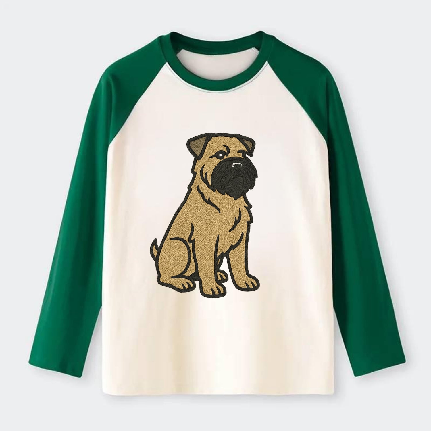Bouvier des Flandres - Fawn rough coat embroidered design - Raglan Long Sleeve T-Shirt - Green