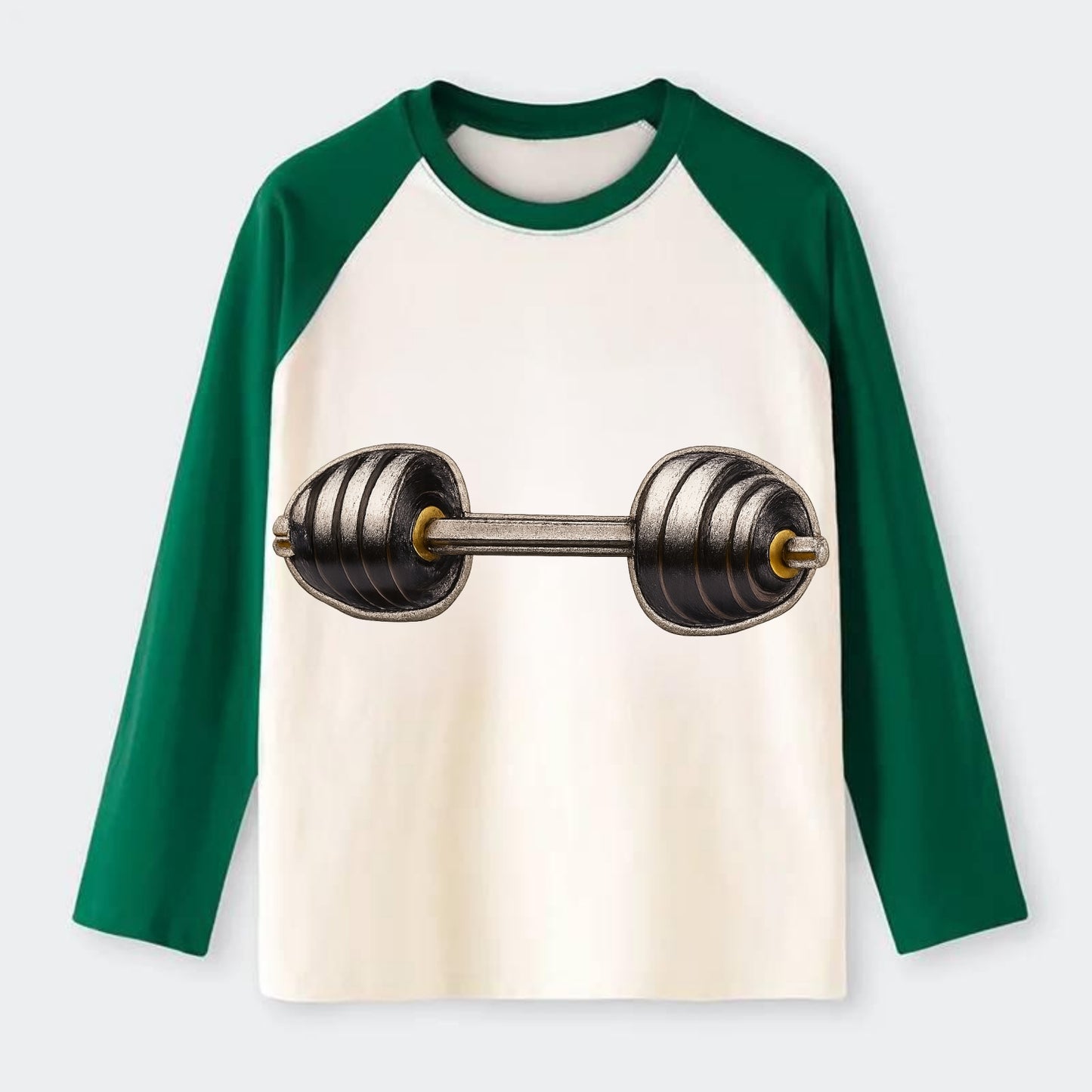WEIGHTLIFTING BARBELL - heavy barbell with plates in silver and black - Raglan Long Sleeve T-Shirt - Green