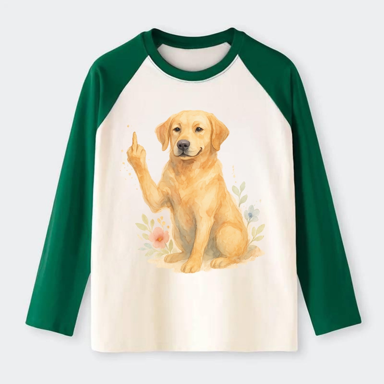 Labrador Retriever yellow sitting pretty, friendly face, strong paw up - Raglan Long Sleeve T-Shirt - Green