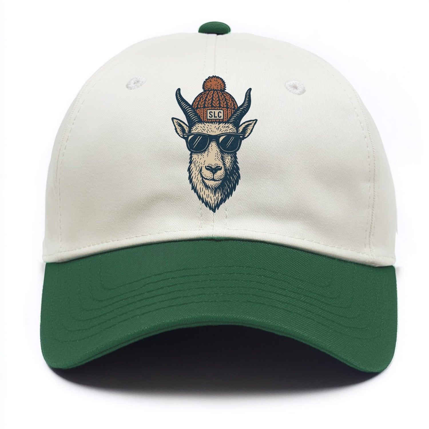 Salt Lake City Mountain Goat wearing SLC beanie with pom pom and wayfarer sunglasses - Two Tone Cap - Green