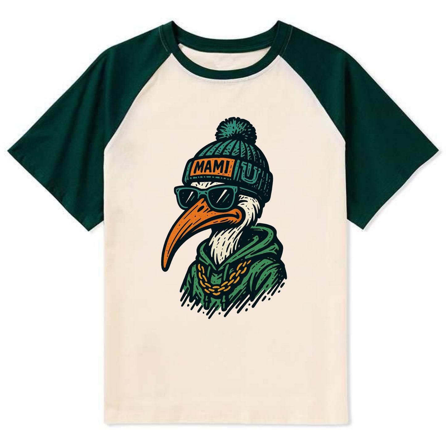 Coral Gables Ibis wearing Miami beanie with U patch - Contrast Raglan T-shirt - Green