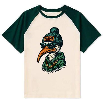 Coral Gables Ibis wearing Miami beanie with U patch - Contrast Raglan T-shirt - Green