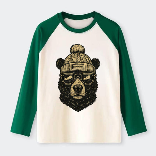 Alabama Black Bear wearing Birmingham beanie with pom pom and wayfarer - Raglan Long Sleeve T-Shirt