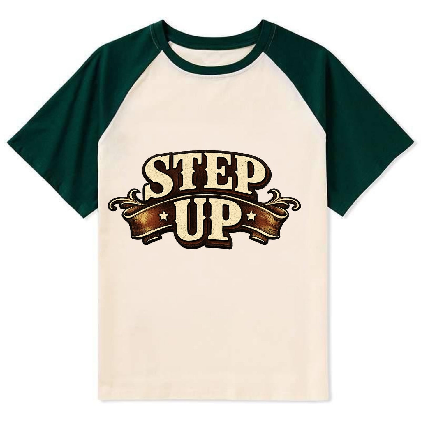 Bold typography design - "STEP UP" - rise to occasion, take charge - Contrast Raglan T-shirt - Green