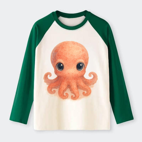 Baby Octopus - red-orange, eight tiny tentacles curled, large - Raglan Long Sleeve T-Shirt