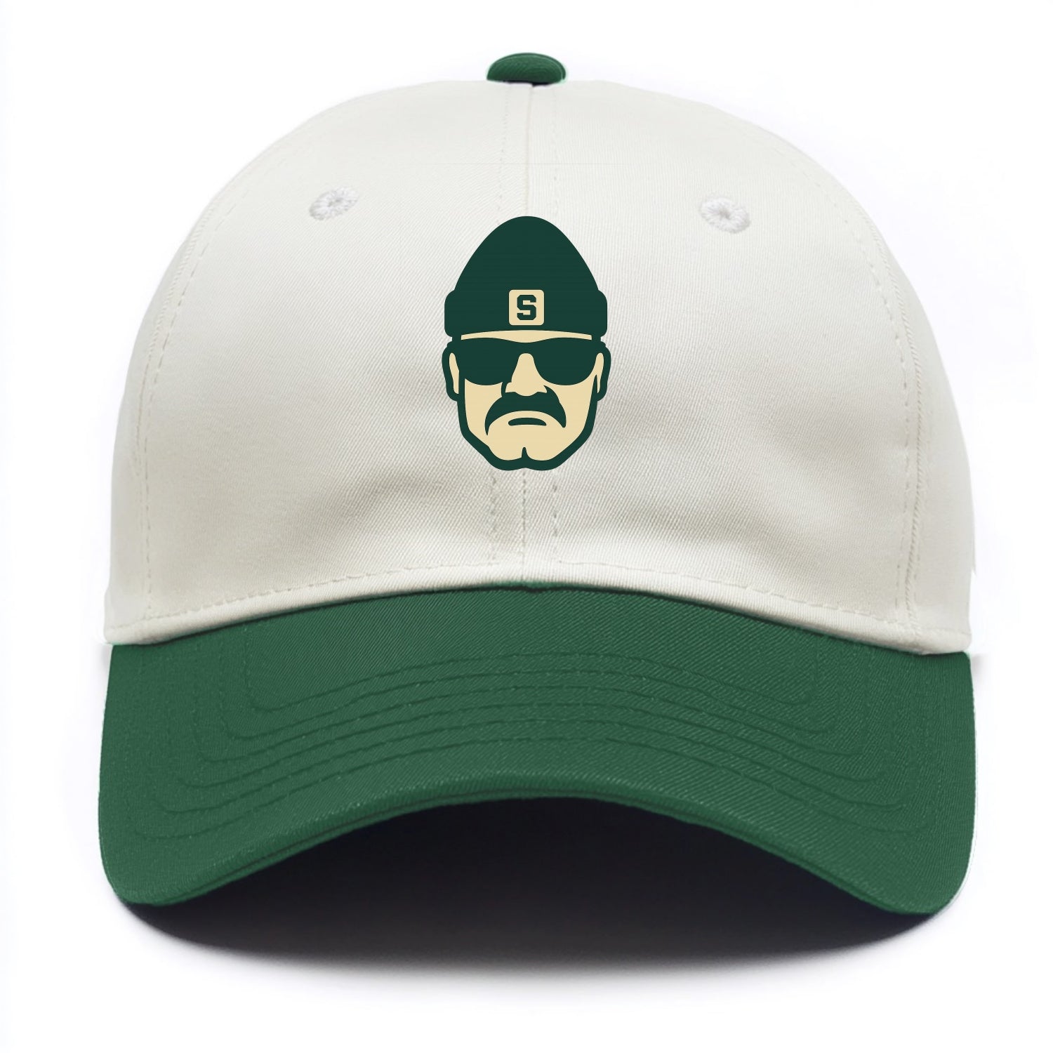 East Lansing Spartan wearing Michigan State beanie with S patch - Two Tone Cap - Green