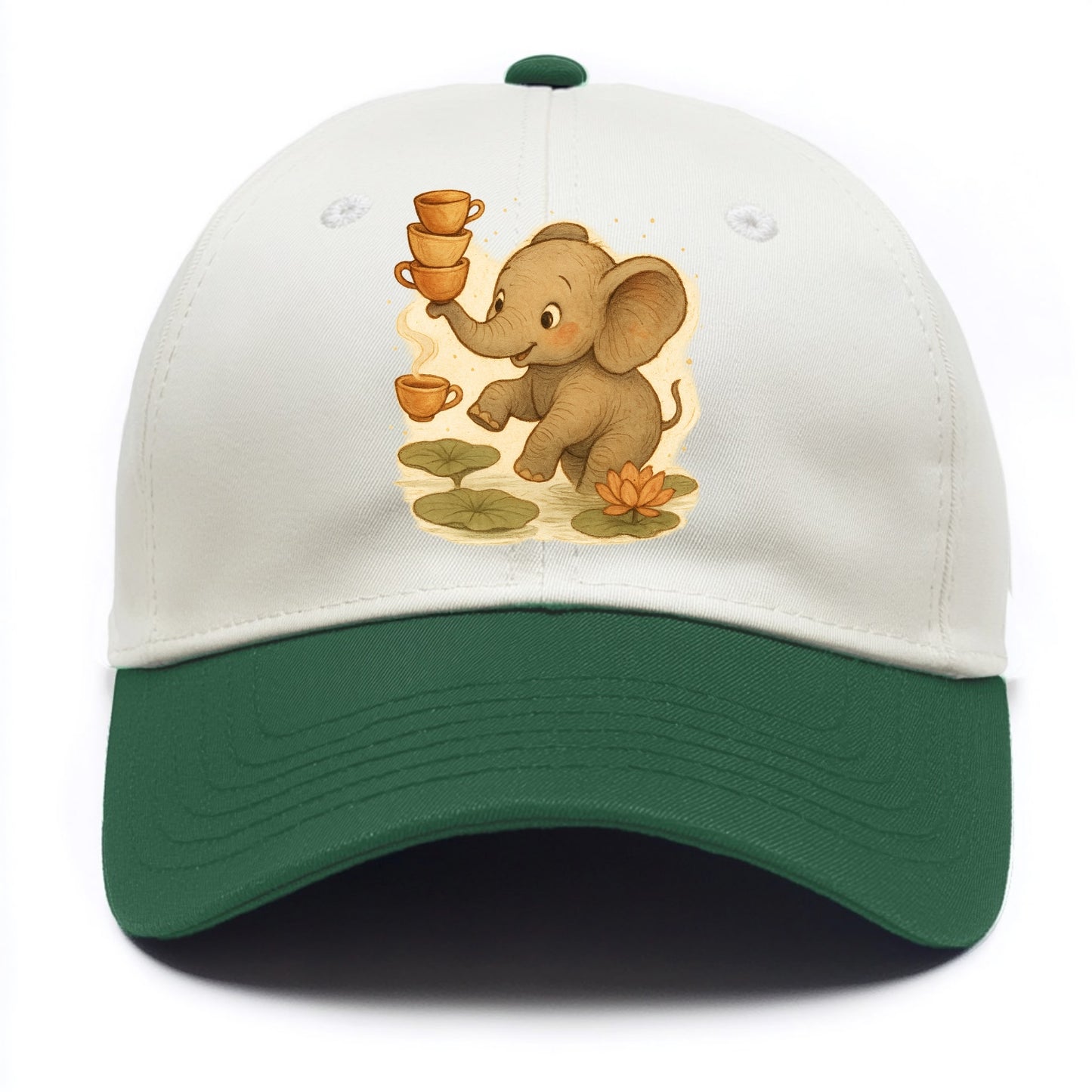 Elephant balancing teacups during a floating tea ceremony beside lotus ponds - Two Tone Cap - Green