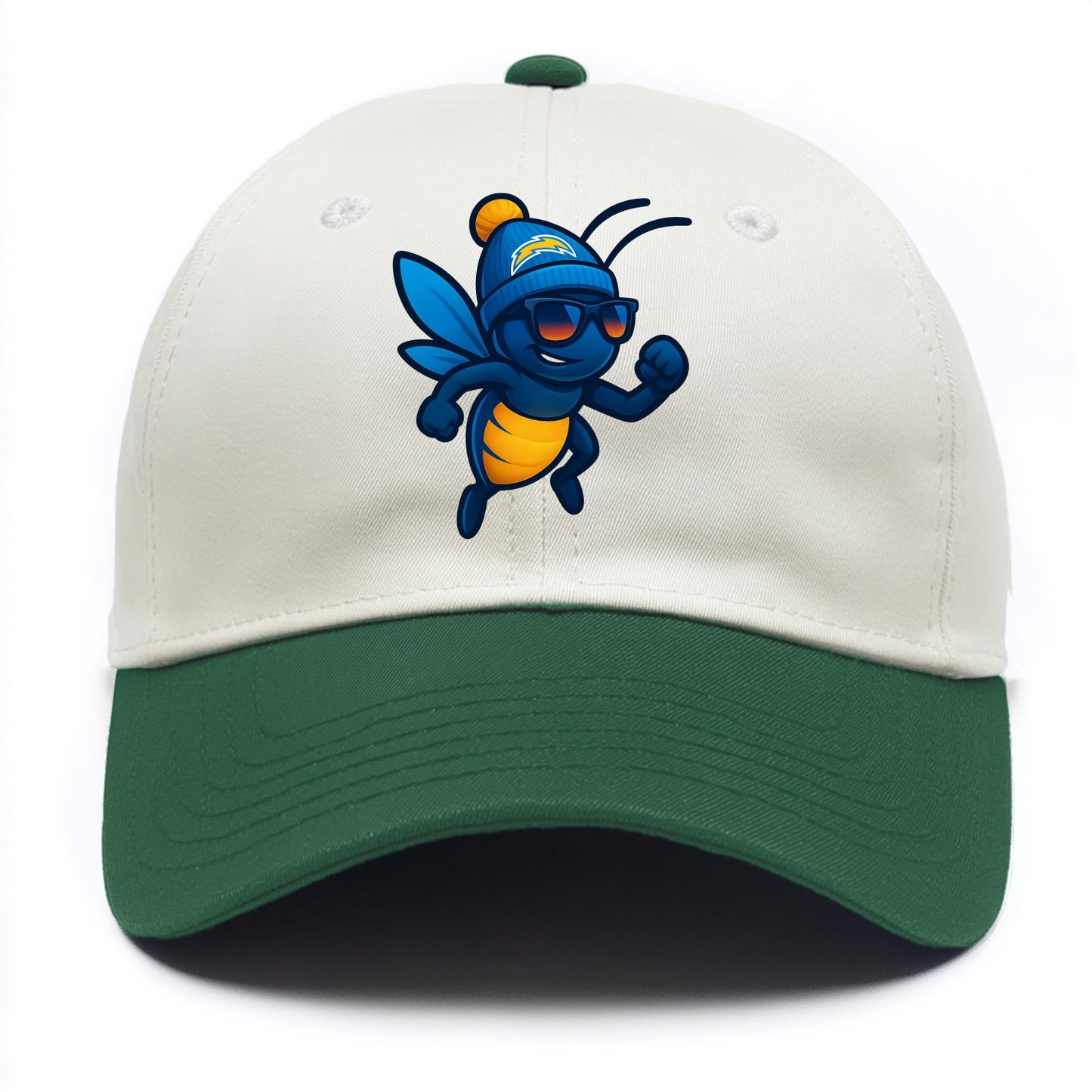 LA Lightning Bug wearing Chargers powder blue and gold beanie with pom pom and - Two Tone Cap - Green