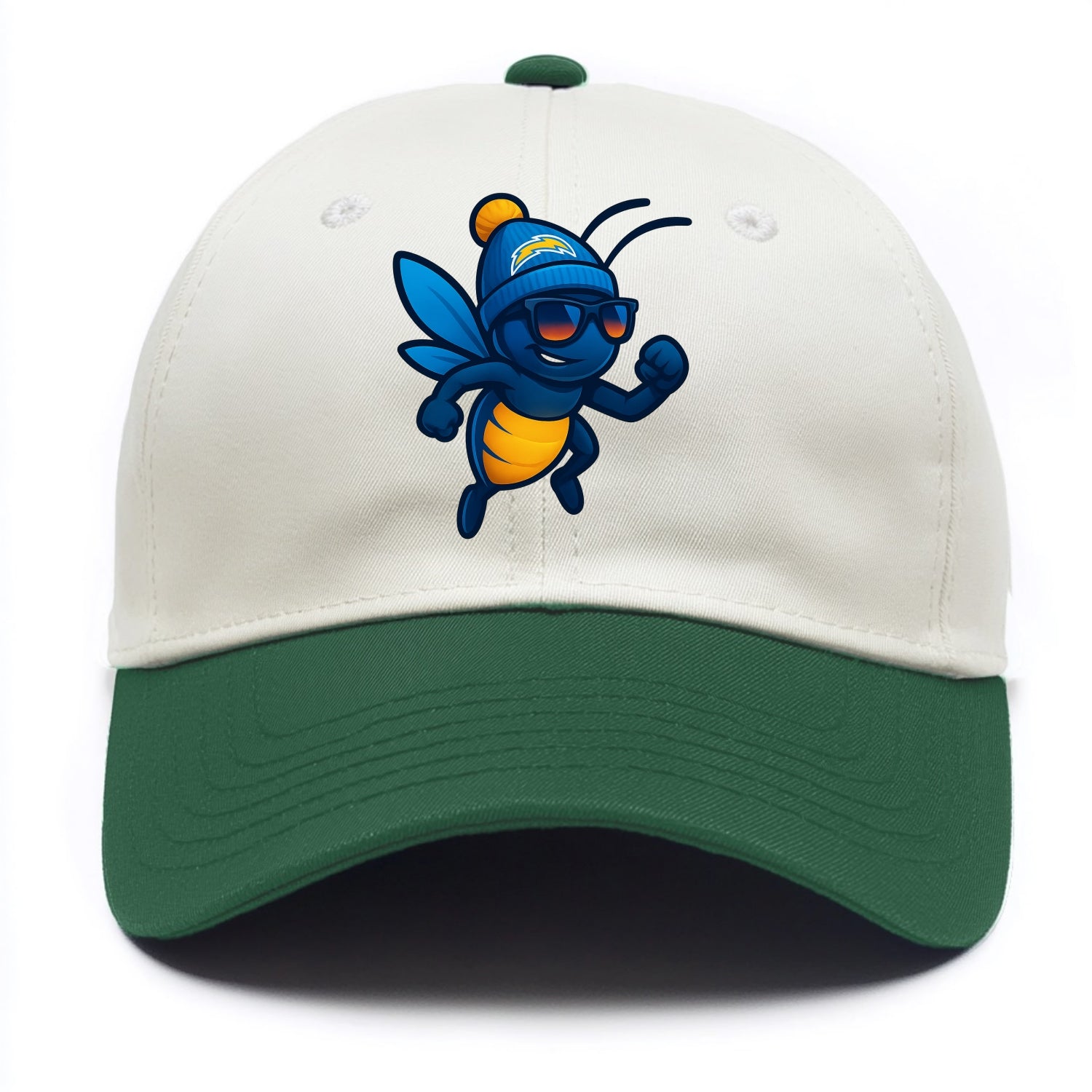 LA Lightning Bug wearing Chargers powder blue and gold beanie with pom pom and - Two Tone Cap - Green