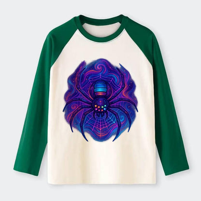 Tech spider with legs showing circuit board patterns, web glowing in - Raglan Long Sleeve T-Shirt - Green