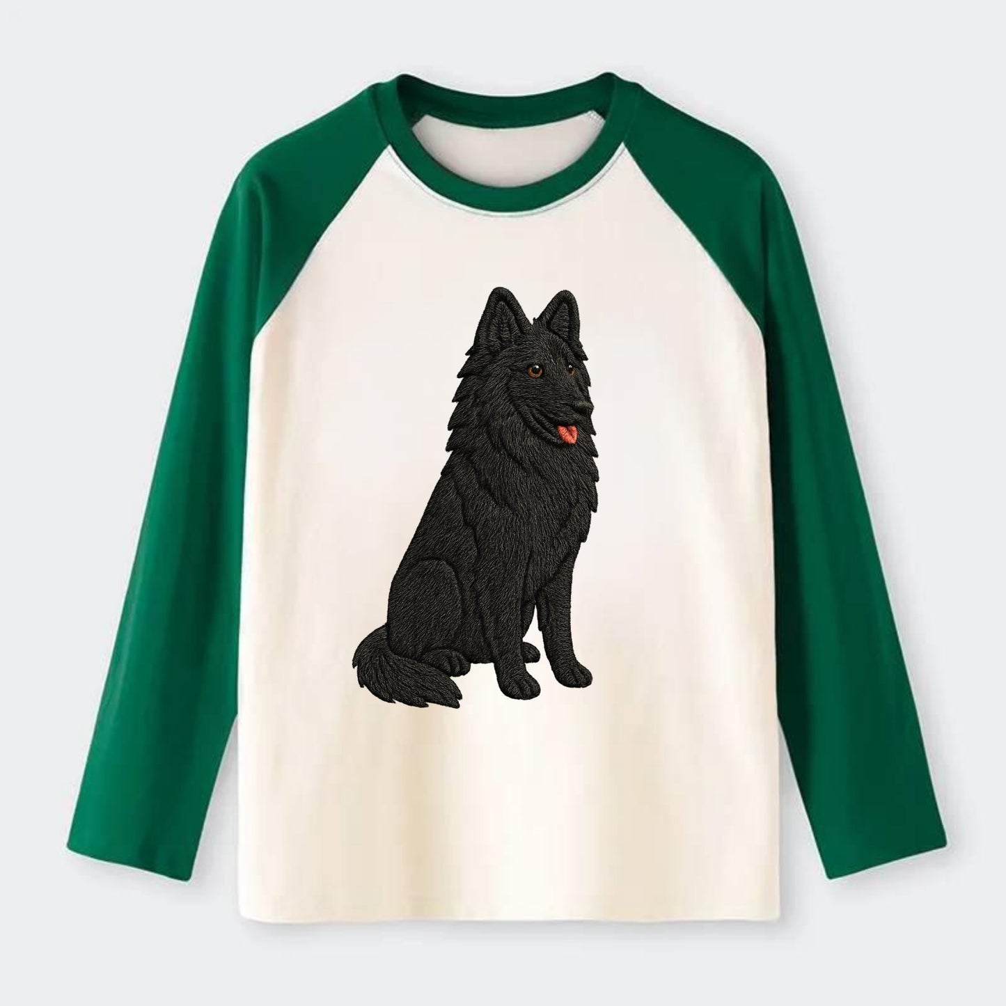 Belgian Sheepdog - Black long-haired embroidered pose - Raglan Long Sleeve T-Shirt - Green