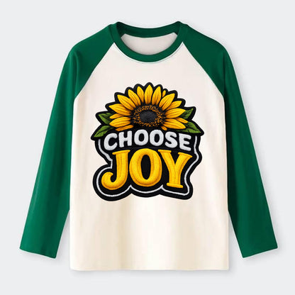 CHOOSE JOY - sunflower with text in yellow , happiness choice - Raglan Long Sleeve T-Shirt - Green