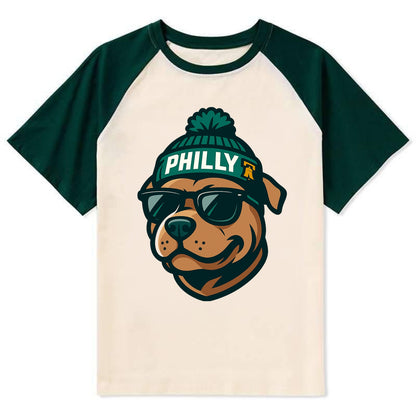Philly Pitbull wearing Eagles beanie with Liberty Bell patch and wayfarer - Contrast Raglan T-shirt - Green