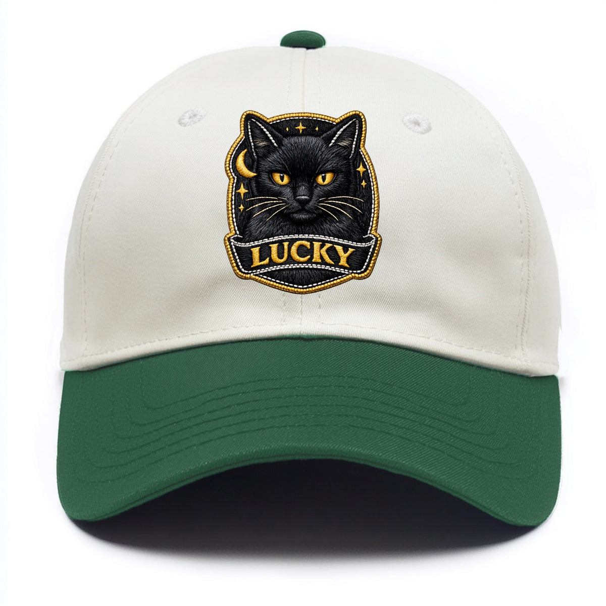 BLACK CAT LUCKY - sleek black cat with gold eyes in black , mysterious feline - Two Tone Cap - Green