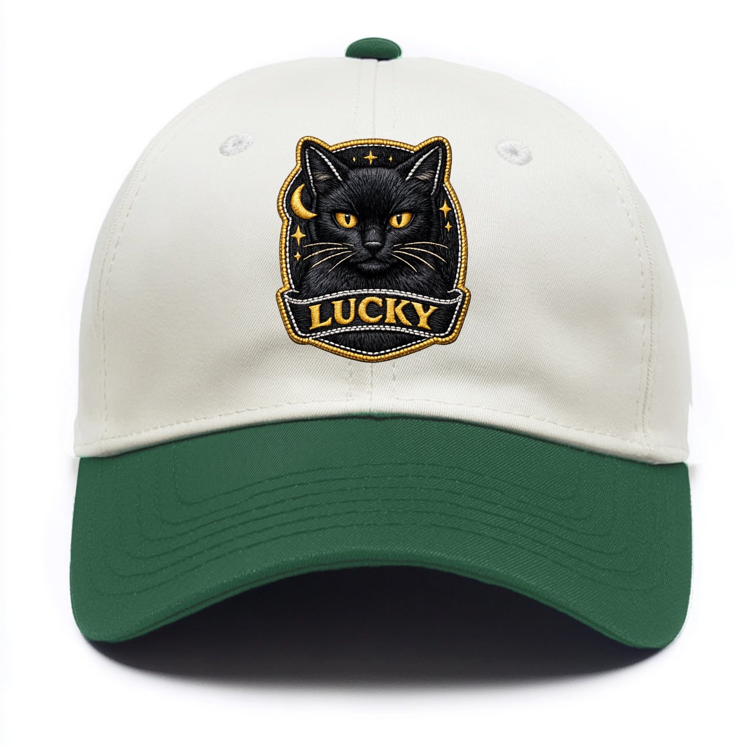 BLACK CAT LUCKY - sleek black cat with gold eyes in black , mysterious feline - Two Tone Cap - Green