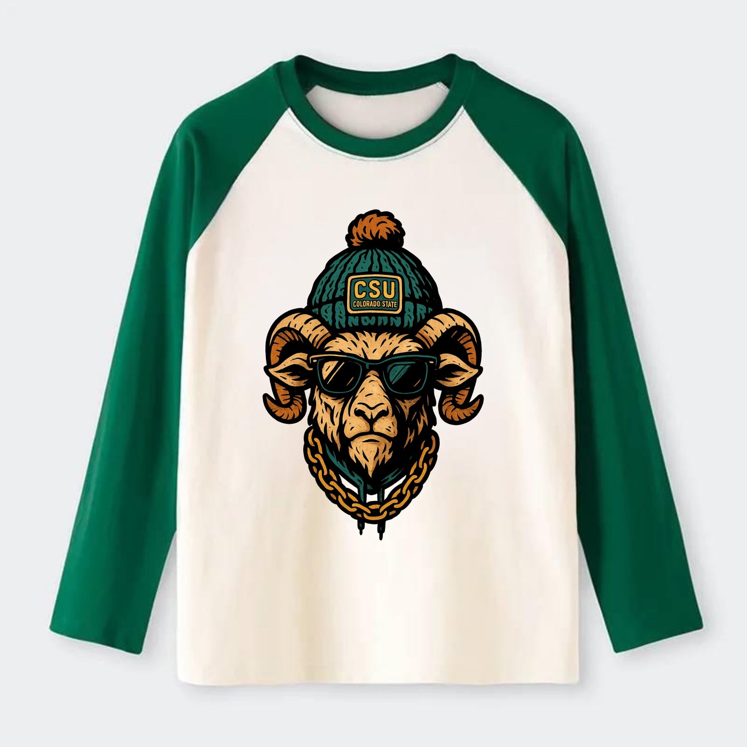Fort Collins Ram wearing Colorado State beanie with CSU patch - Raglan Long Sleeve T-Shirt - Green