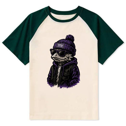 Fort Worth Frog wearing TCU beanie with horned patch - Contrast Raglan T-shirt - Green