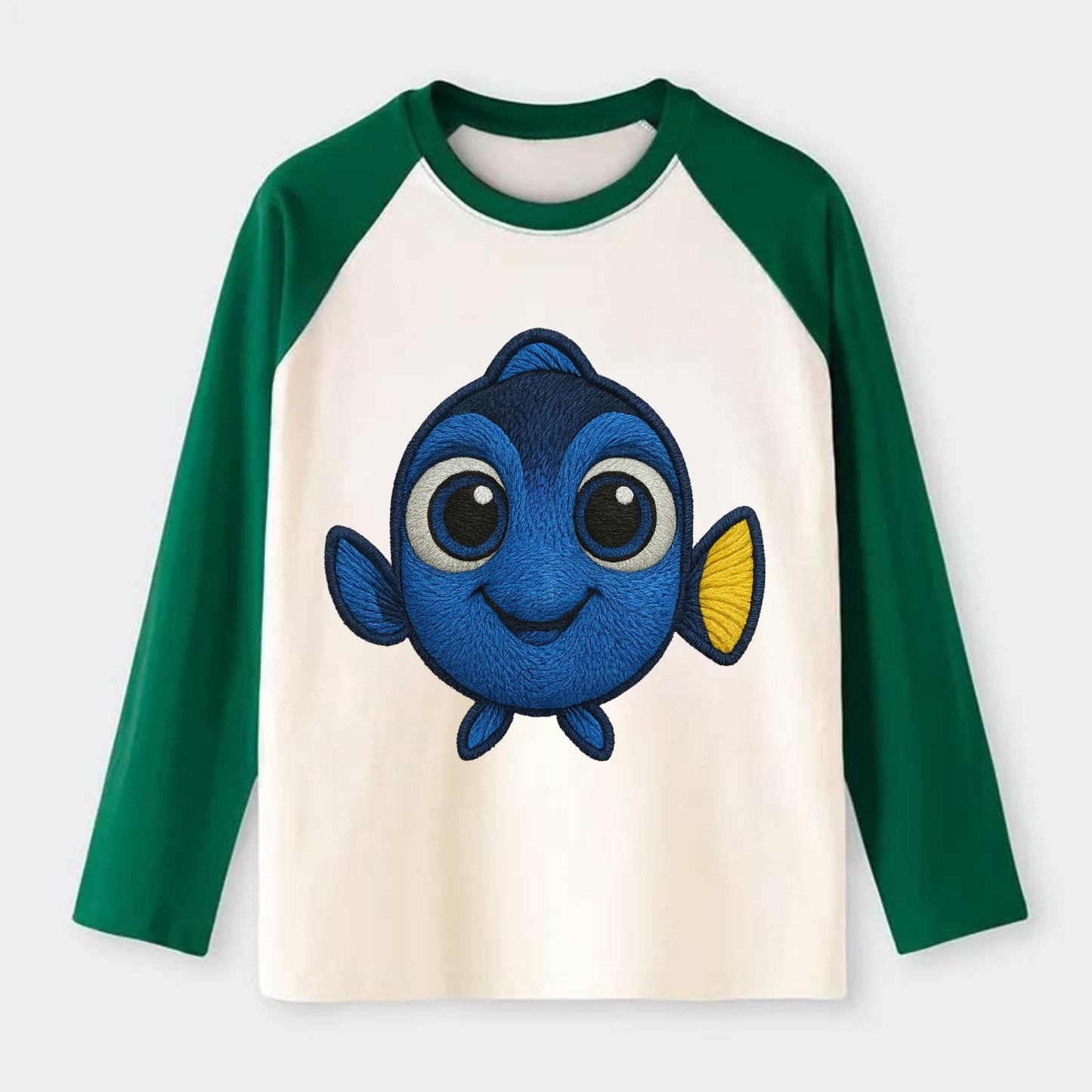 Baby Blue Tang - bright blue with yellow tail, big eyes, front-facing, - Raglan Long Sleeve T-Shirt - Green