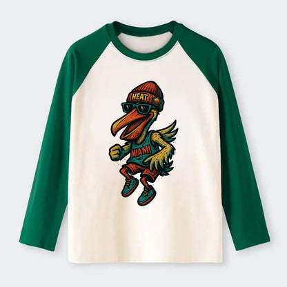 Miami Pelican wearing Heat beanie with sunset patch and wayfarer - Raglan Long Sleeve T-Shirt - Green