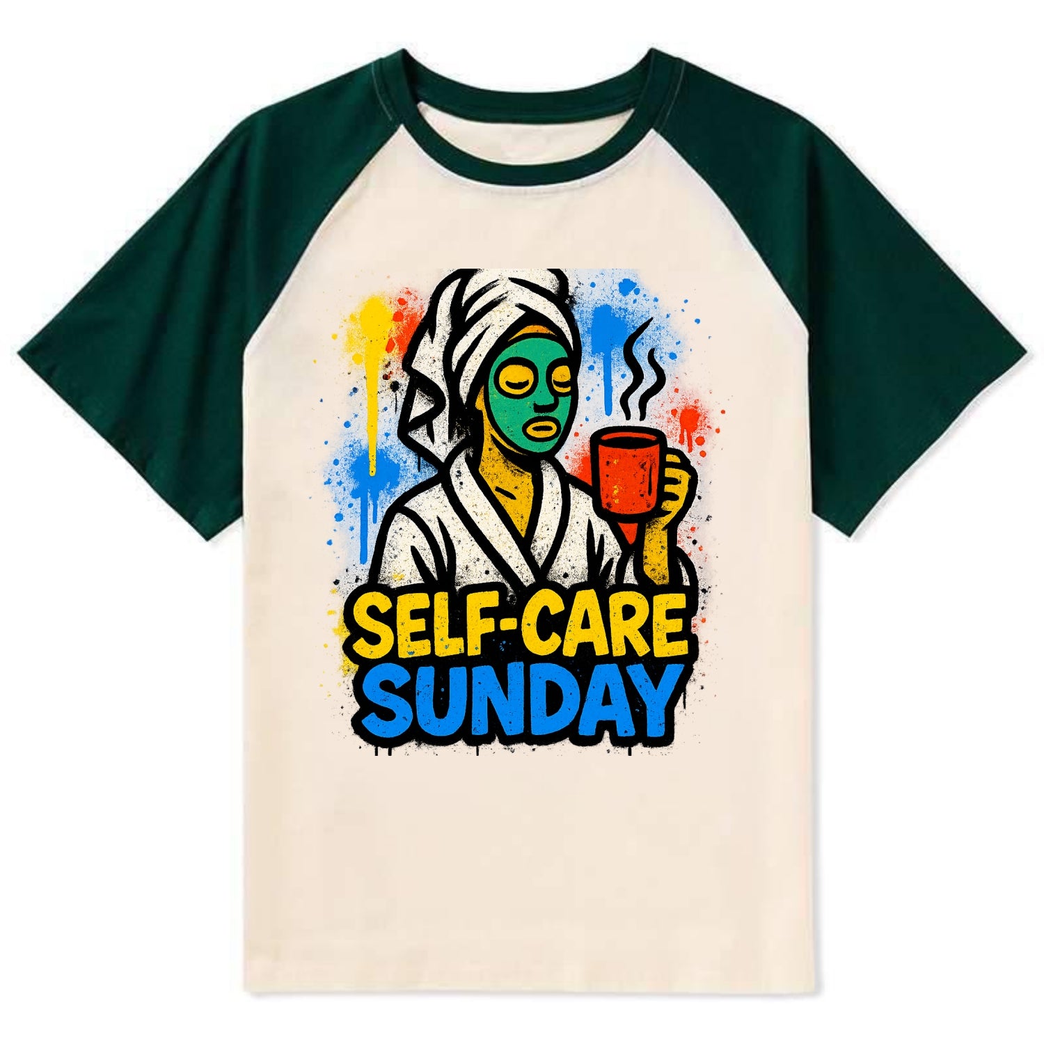 Person in bathrobe with face mask and tea - self-care Sunday ritual, - Contrast Raglan T-shirt - Green