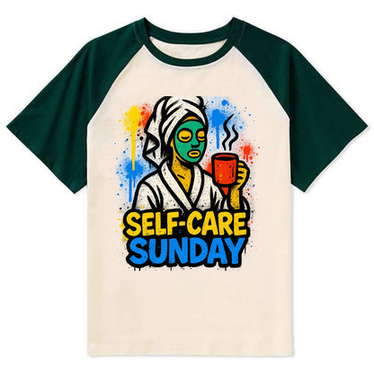 Person in bathrobe with face mask and tea - self-care Sunday ritual, - Contrast Raglan T-shirt - Green