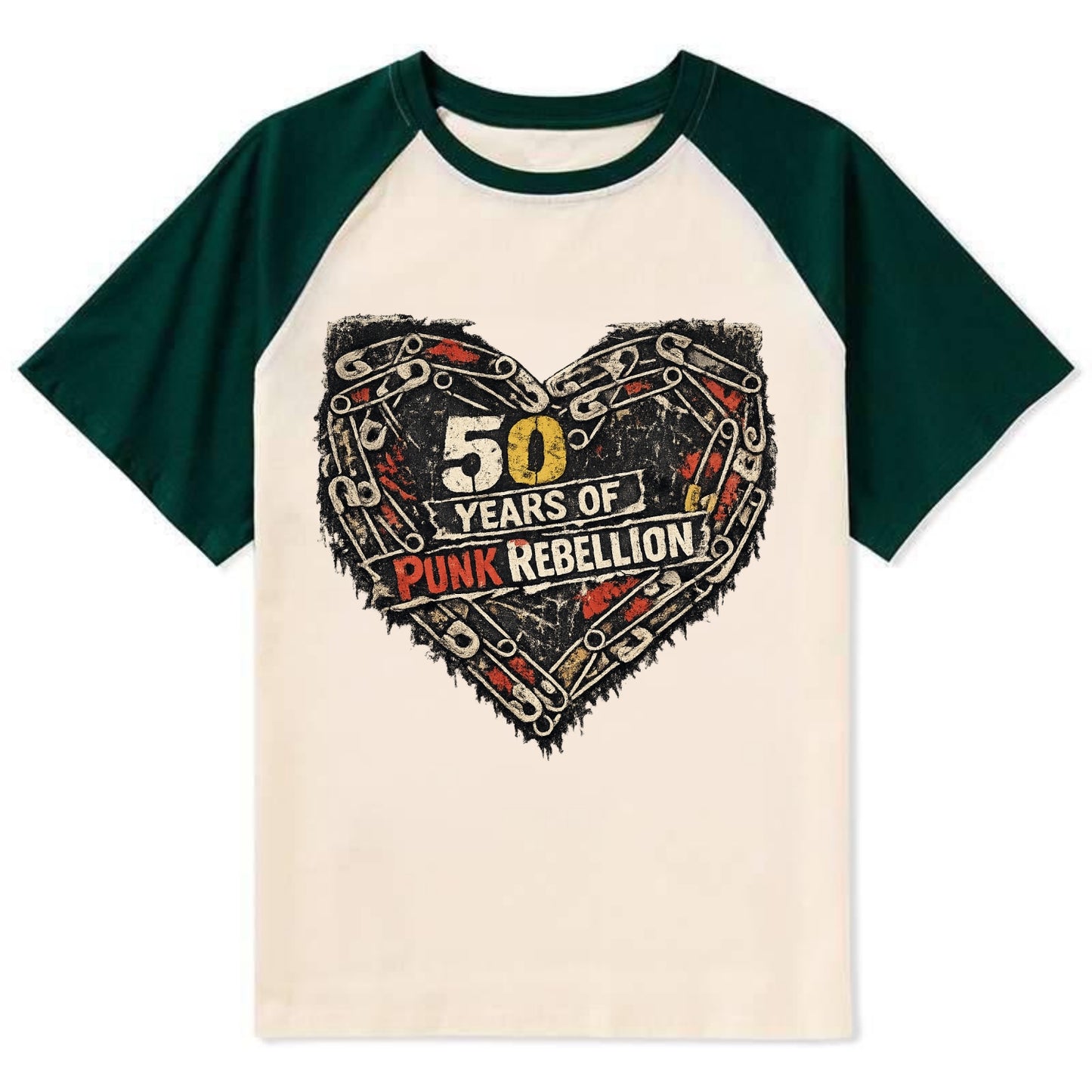 SAFETY PIN LOVE | Heart made of safety pins | Punk romance | DIY jewelry - Contrast Raglan T-shirt - Green