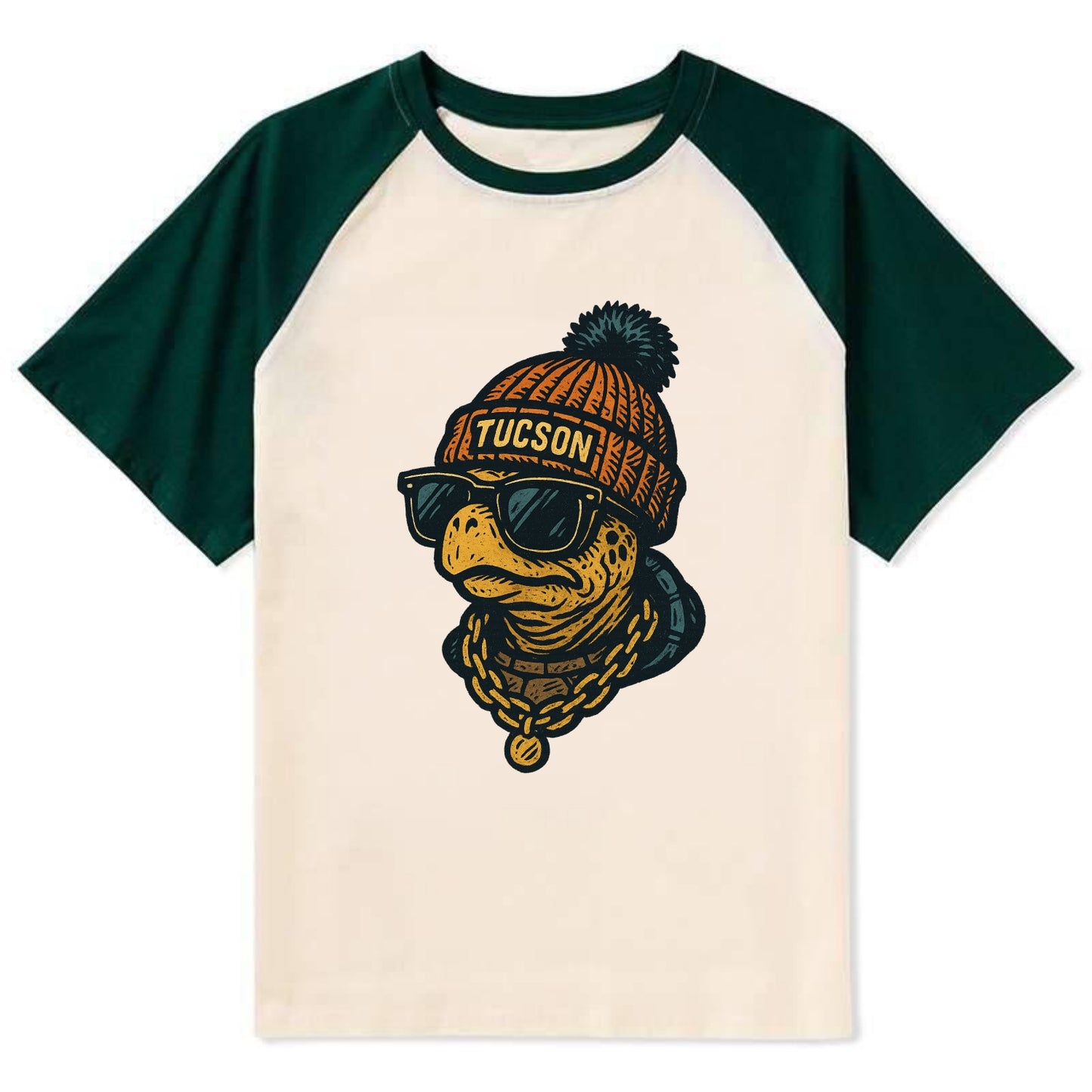Tucson Desert Tortoise wearing Tucson beanie with pom pom and wayfarer - Contrast Raglan T-shirt - Green