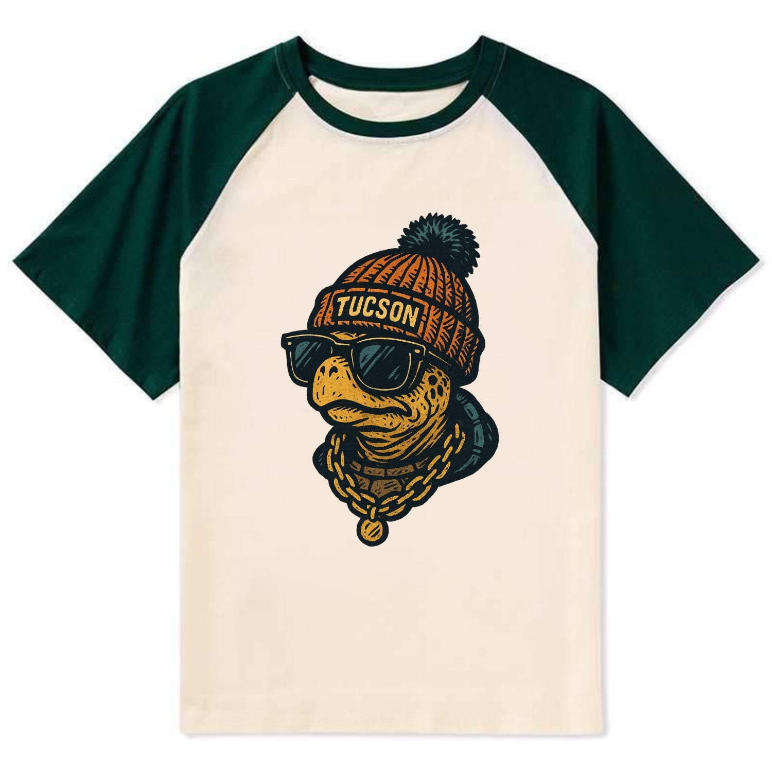 Tucson Desert Tortoise wearing Tucson beanie with pom pom and wayfarer - Contrast Raglan T-shirt - Green
