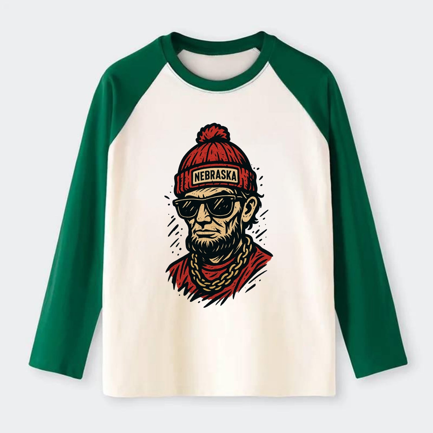 Lincoln Cornhusker wearing Nebraska bean - Raglan Long Sleeve T-Shirt - Green