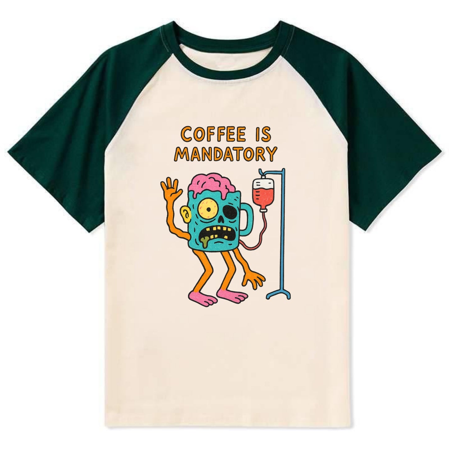 COFFEE IS MANDATORY | Zombie mug with IV drip - Contrast Raglan T-shirt - Green