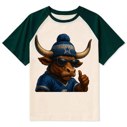 Texas Longhorn wearing Cowboys silver and blue beanie with star and - Contrast Raglan T-shirt - Green
